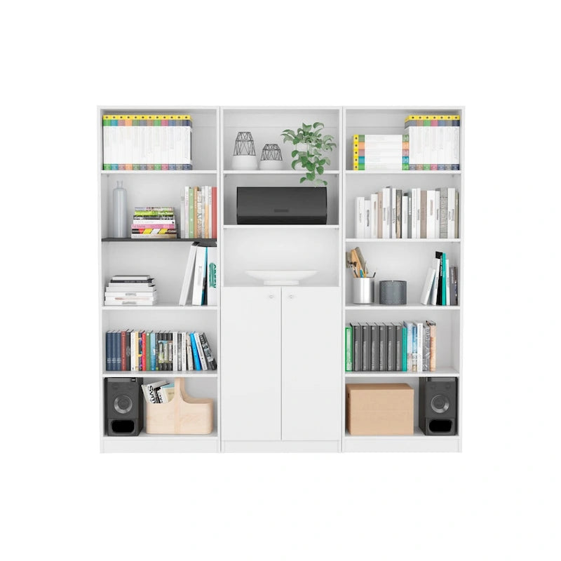 74-inch breed 3-delig boekenkaststel – 15 planken, matgrijs en wit