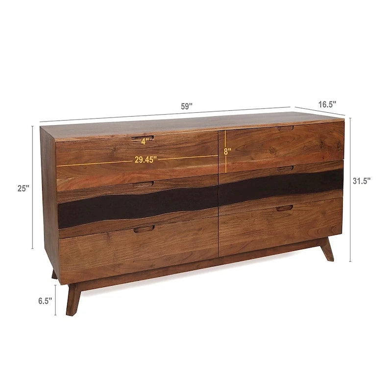 Acacia Wood 6-Drawer Sideboard Buffet with Live-Edge Detail - 59.1W x 16.5D x 31.1H