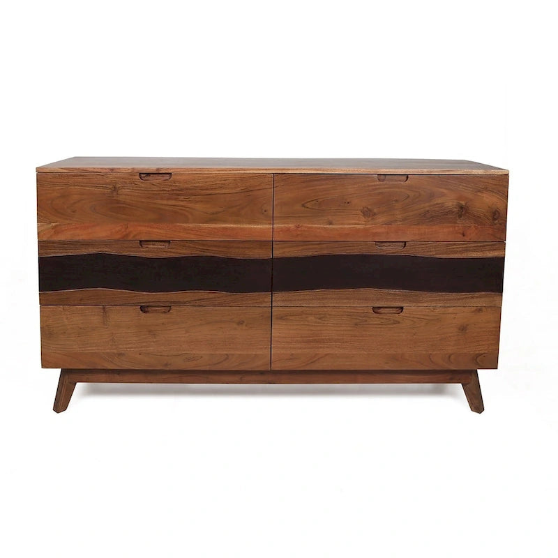 Acacia Wood 6-Drawer Sideboard Buffet with Live-Edge Detail - 59.1W x 16.5D x 31.1H