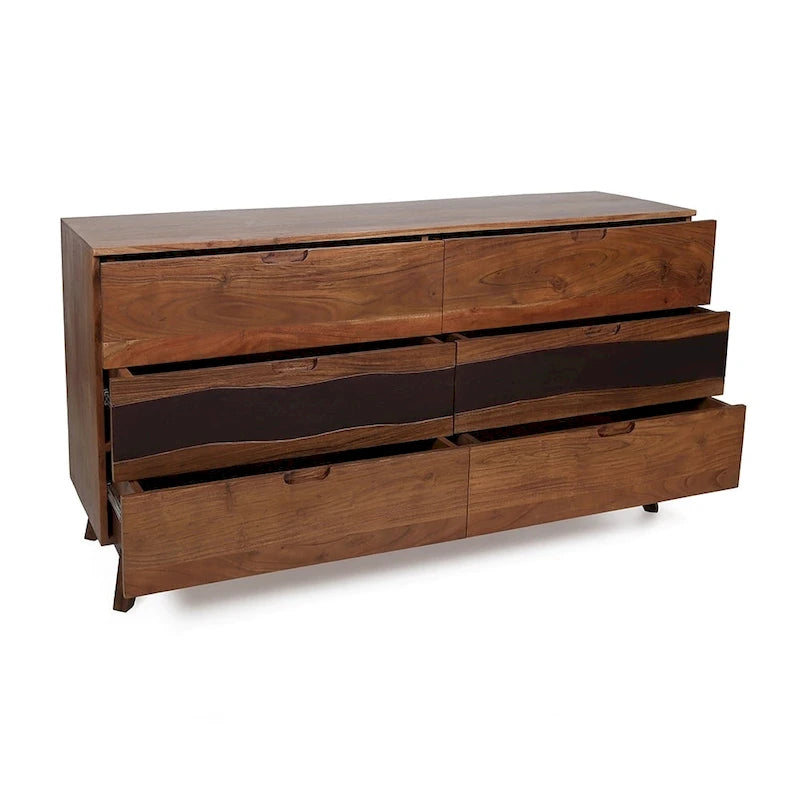 Acacia Wood 6-Drawer Sideboard Buffet with Live-Edge Detail - 59.1W x 16.5D x 31.1H