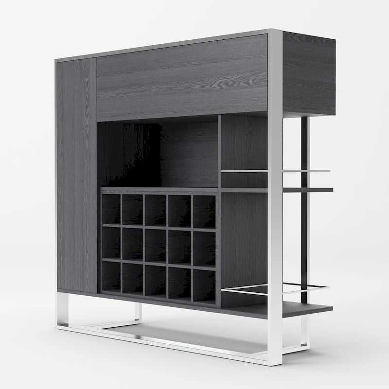 Wine Cabinet with Elm Grey Veneer and Stainless Steel Frame - 15-Bottle Capacity