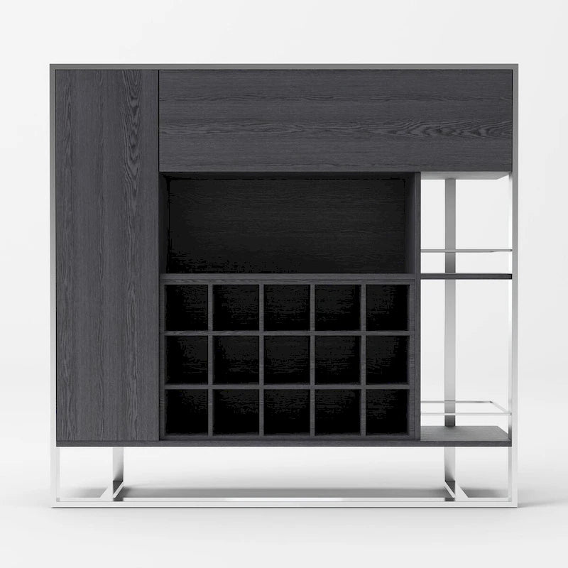 Wine Cabinet with Elm Grey Veneer and Stainless Steel Frame - 15-Bottle Capacity