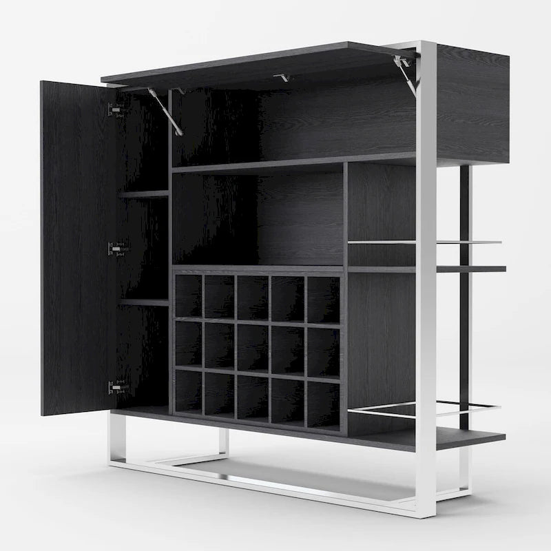 Wine Cabinet with Elm Grey Veneer and Stainless Steel Frame - 15-Bottle Capacity