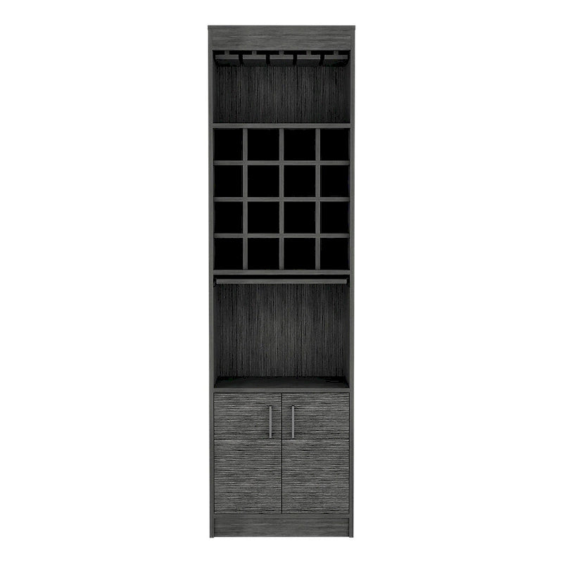 Bar Cabinet with Wine Glass Rack, 16 Cubbies, and Retractable Tray - Smokey Oak, 71.1H x 20L x 12.7D