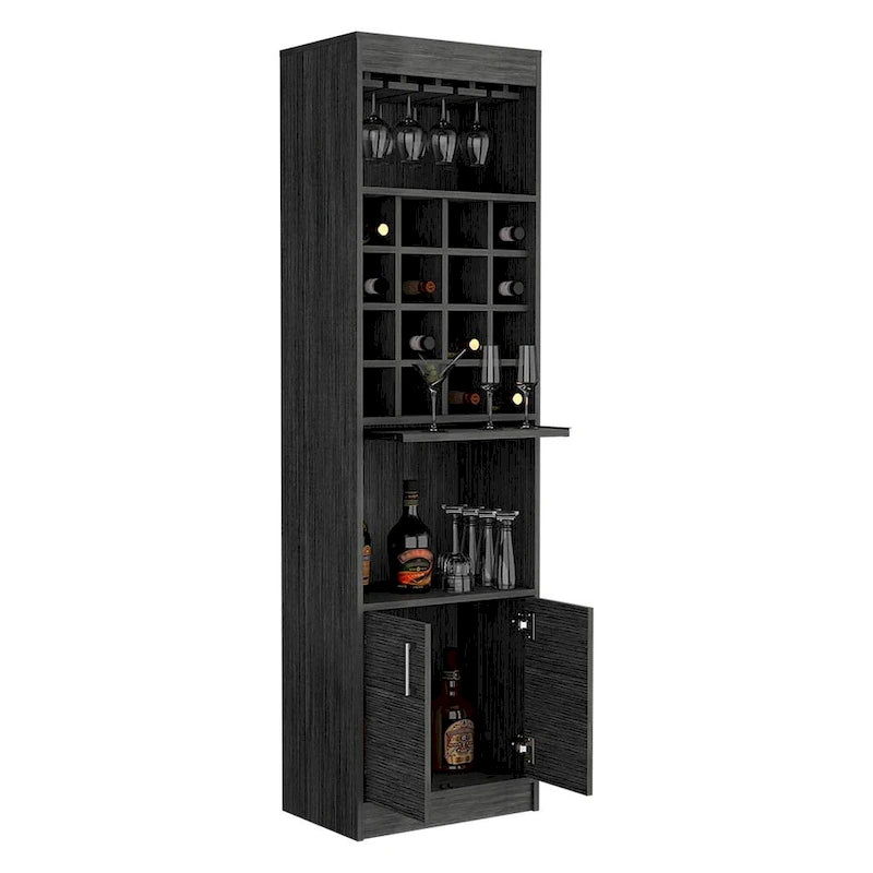 Bar Cabinet with Wine Glass Rack, 16 Cubbies, and Retractable Tray - Smokey Oak, 71.1H x 20L x 12.7D