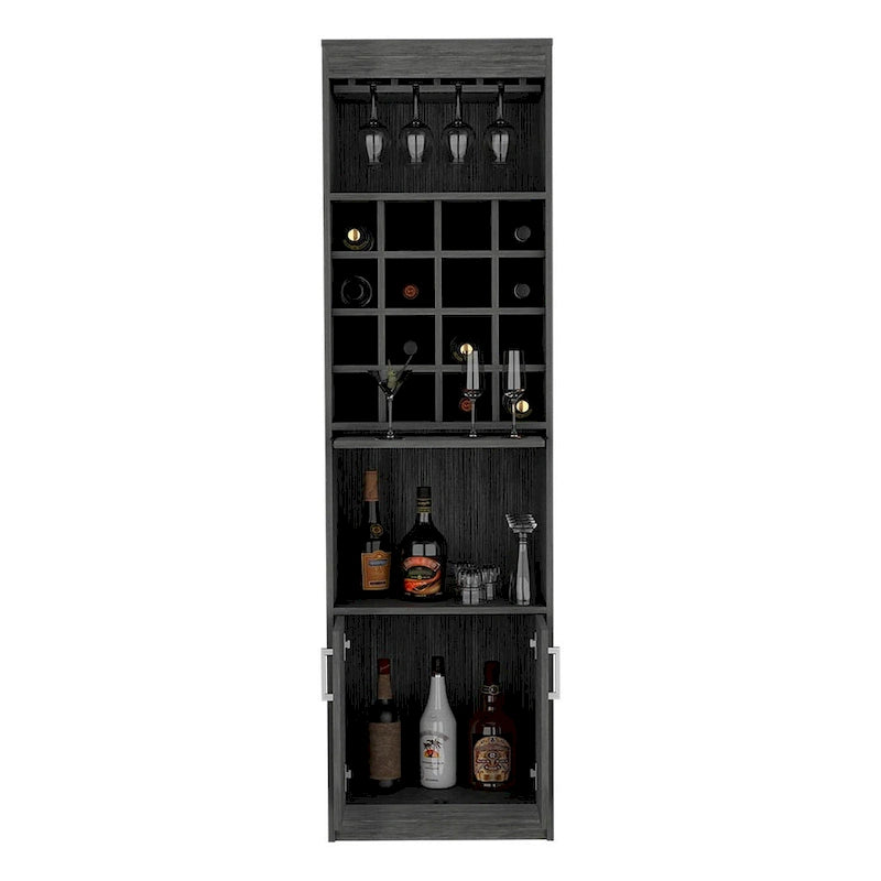 Bar Cabinet with Wine Glass Rack, 16 Cubbies, and Retractable Tray - Smokey Oak, 71.1H x 20L x 12.7D