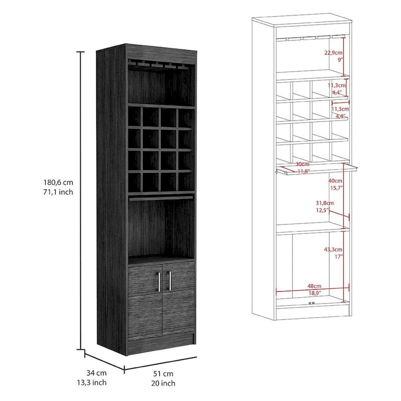 Barkast met wijnglazenhouder, 16 vakken en uitschuifbare lade - Smokey Oak, 71,1H x 20L x 12,7D