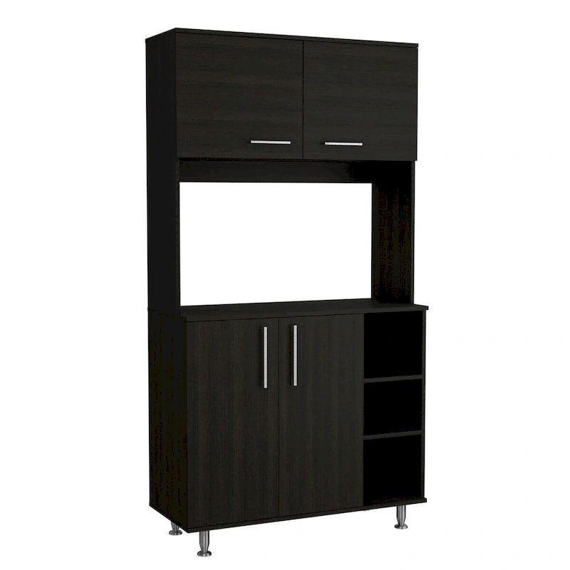 Black Kitchen Pantry Cabinet with Hutch, Bottom Cabinet, and Open Rack