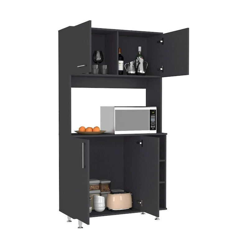 Black Kitchen Pantry Cabinet with Hutch, Bottom Cabinet, and Open Rack