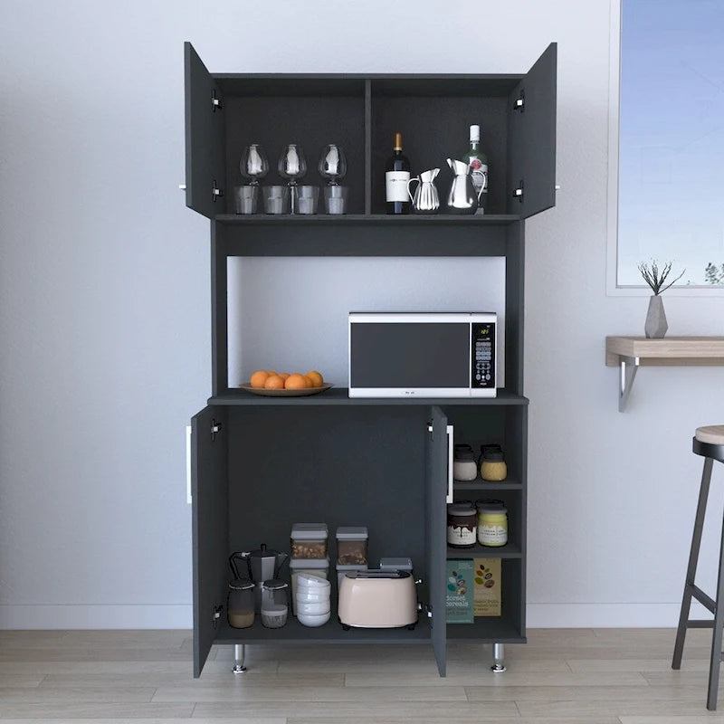 Black Kitchen Pantry Cabinet with Hutch, Bottom Cabinet, and Open Rack