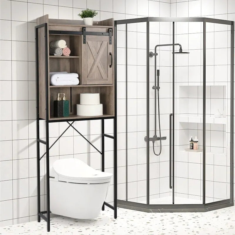 Retro Gray Bathroom Cabinet with Sliding Door and 3-Tier Shelves - 25.2W x 9.45D x 67.9H