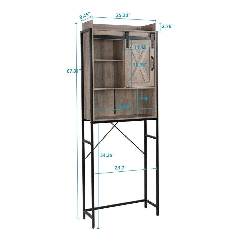Retro grijze badkamerkast met schuifdeur en 3 legplanken - 64,0 cm B x 24,0 cm D x 172,5 cm H