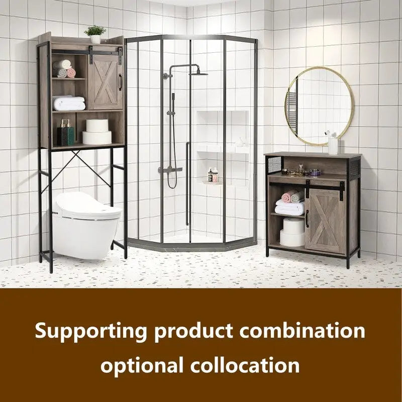 Retro Gray Bathroom Cabinet with Sliding Door and 3-Tier Shelves - 25.2W x 9.45D x 67.9H