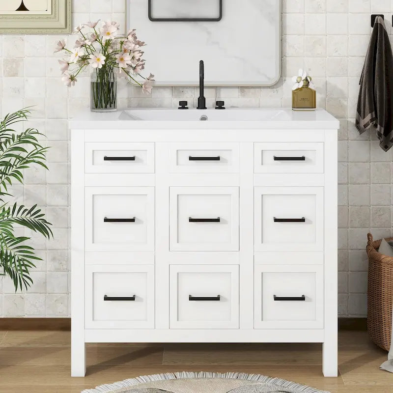 36-Inch Bathroom Vanity Cabinet with Integrated Resin Sink, 4 Drawers, and 2 Doors