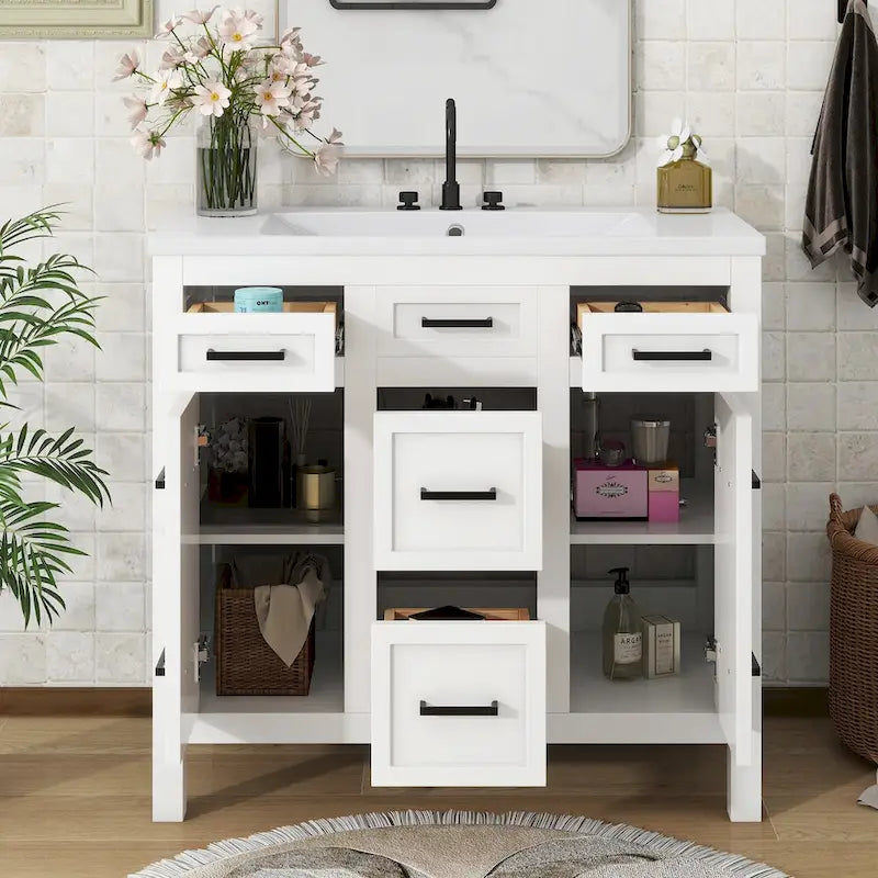 36-Inch Bathroom Vanity Cabinet with Integrated Resin Sink, 4 Drawers, and 2 Doors