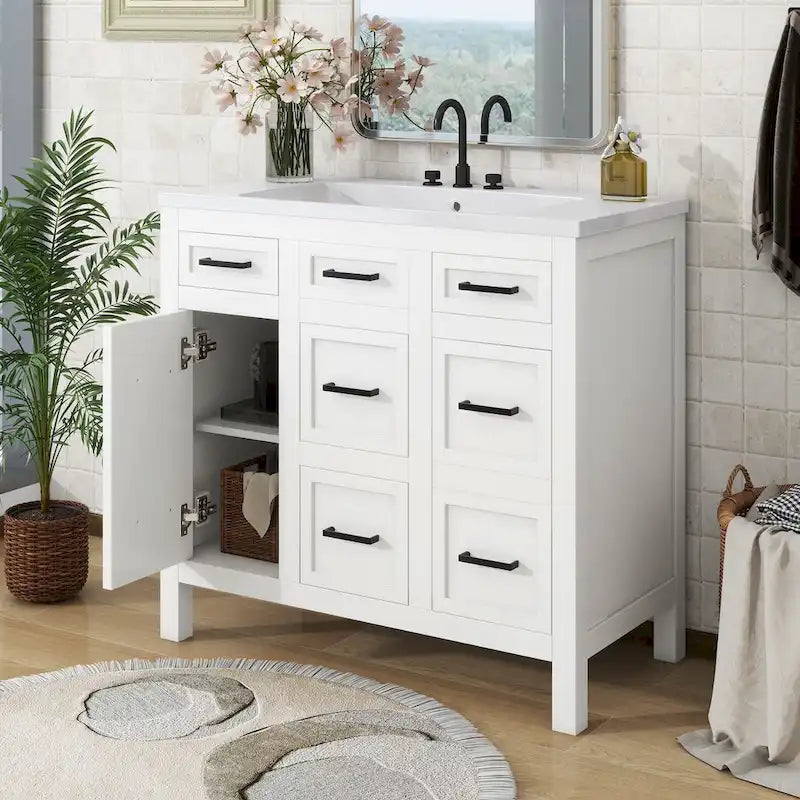 36-Inch Bathroom Vanity Cabinet with Integrated Resin Sink, 4 Drawers, and 2 Doors