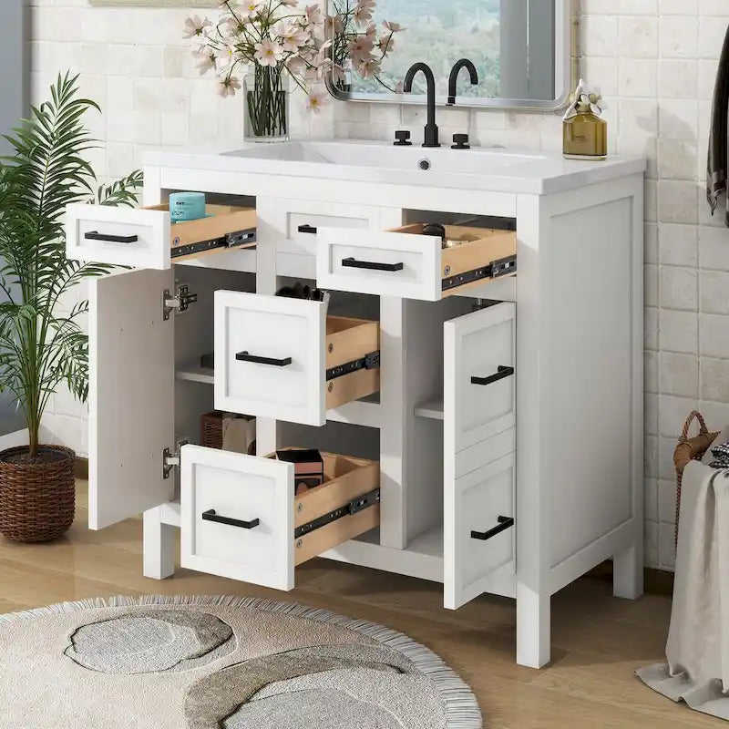 36-Inch Bathroom Vanity Cabinet with Integrated Resin Sink, 4 Drawers, and 2 Doors