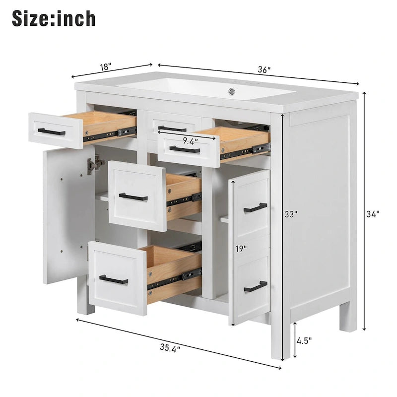 36-Inch Bathroom Vanity Cabinet with Integrated Resin Sink, 4 Drawers, and 2 Doors