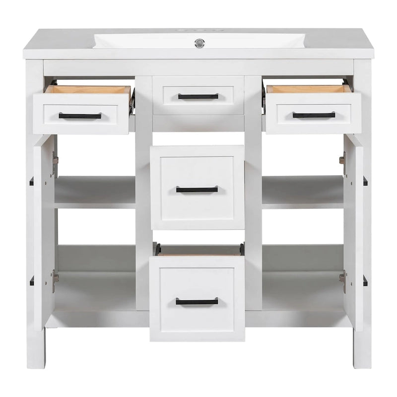 Wastafelmeubel van 91 cm met geïntegreerde harswastafel, 4 laden en 2 deuren
