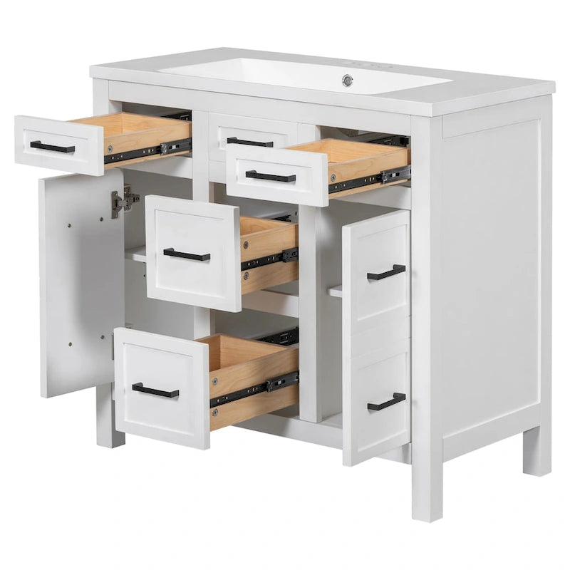 Wastafelmeubel van 91 cm met geïntegreerde harswastafel, 4 laden en 2 deuren