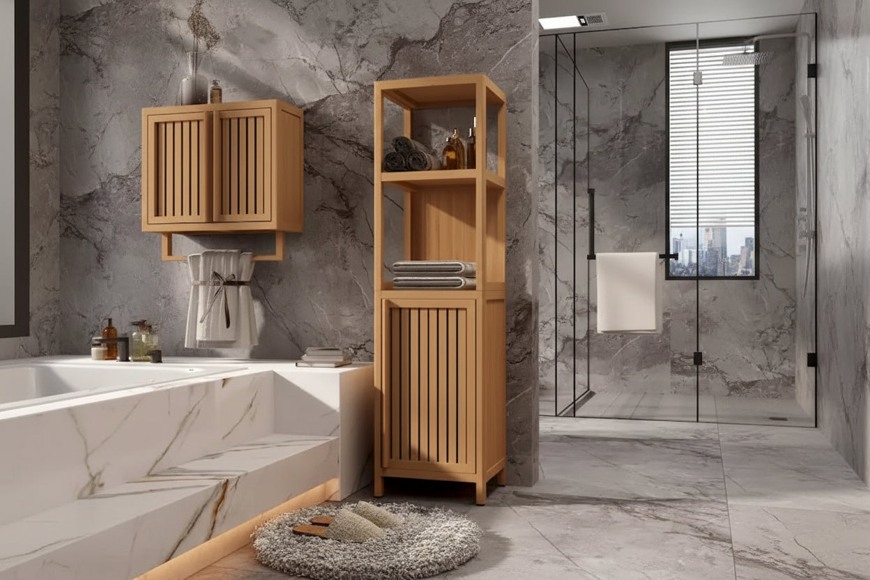 Freestanding Bamboo Linen Tower Storage Cabinet for Bathroom