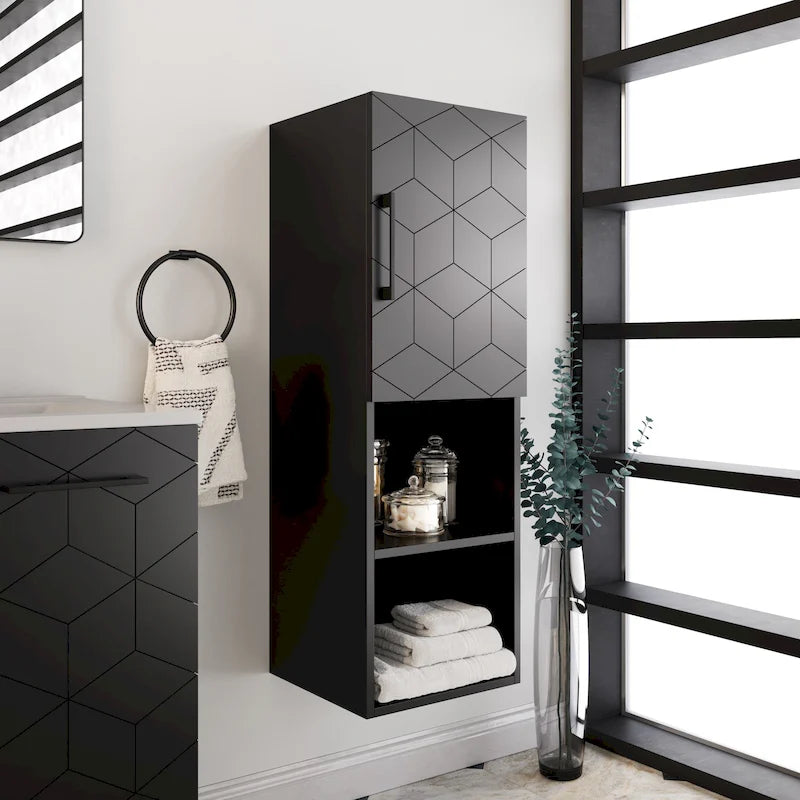 Linen Cabinet with Soft-Close Door and Open Shelves - 15W x 12D x 46H, Phantom Black