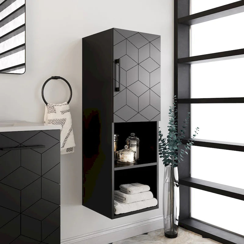 Linen Cabinet with Soft-Close Door and Open Shelves - 15W x 12D x 46H, Phantom Black