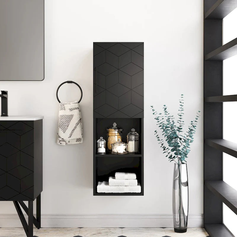 Linen Cabinet with Soft-Close Door and Open Shelves - 15W x 12D x 46H, Phantom Black