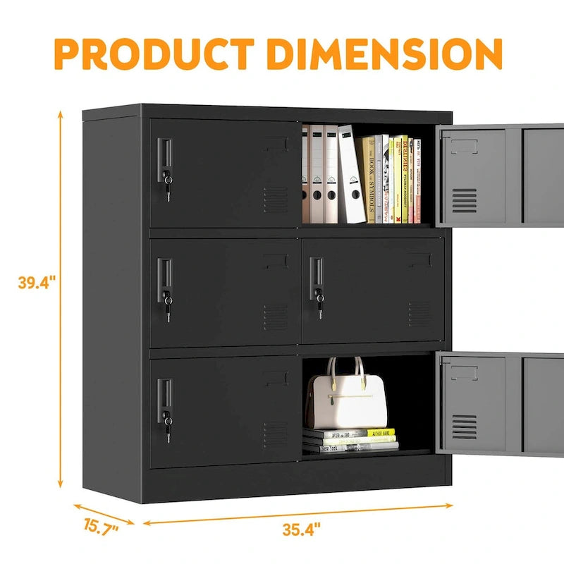 6-Door Metal Storage Locker with Card Slot for Office, Gym, and School - Black