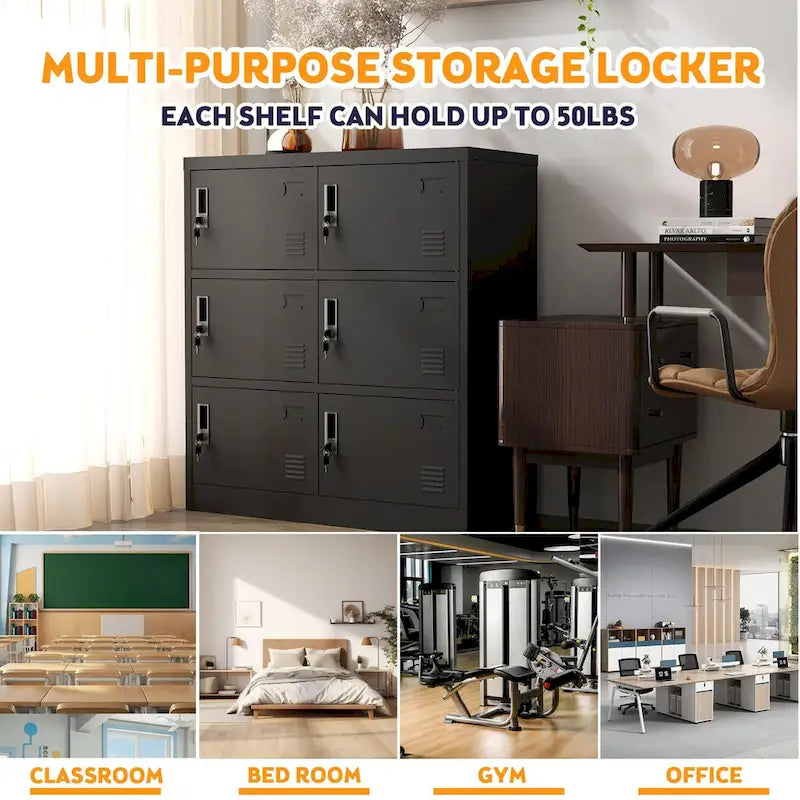 6-Door Metal Storage Locker with Card Slot for Office, Gym, and School - Black
