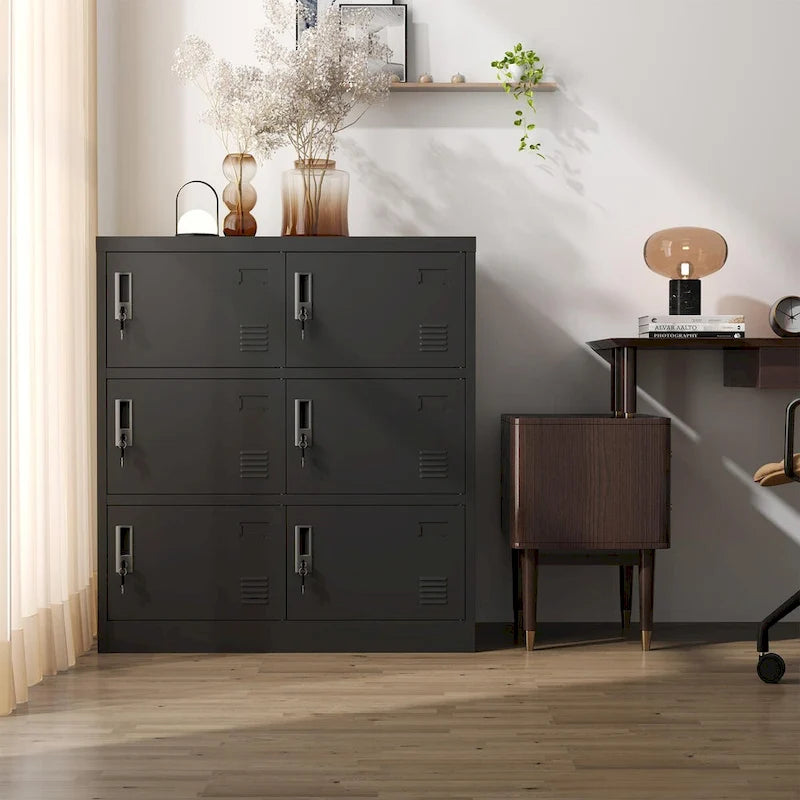 6-Door Metal Storage Locker with Card Slot for Office, Gym, and School - Black