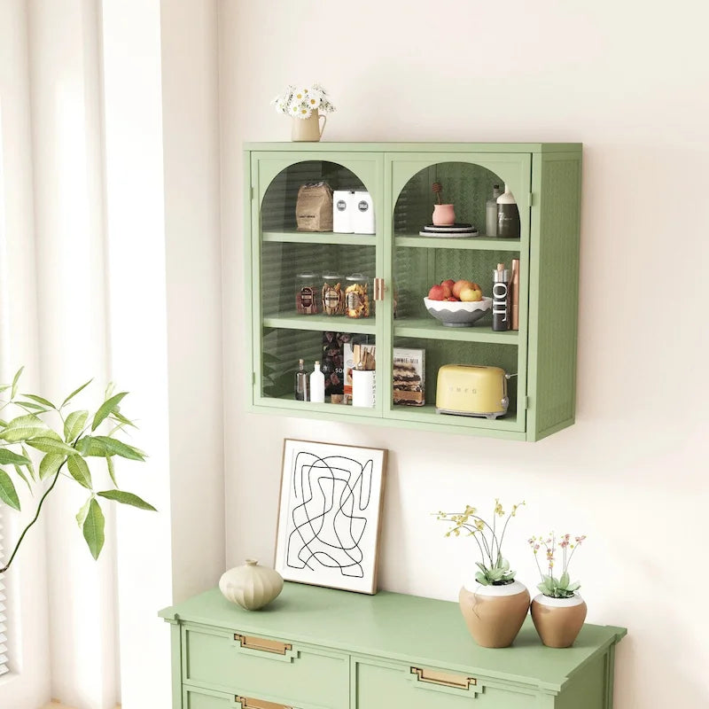 Glass Door Wall Cabinet with 3-Tier Storage - Green, 27.56W x 9.06D x 23.62H