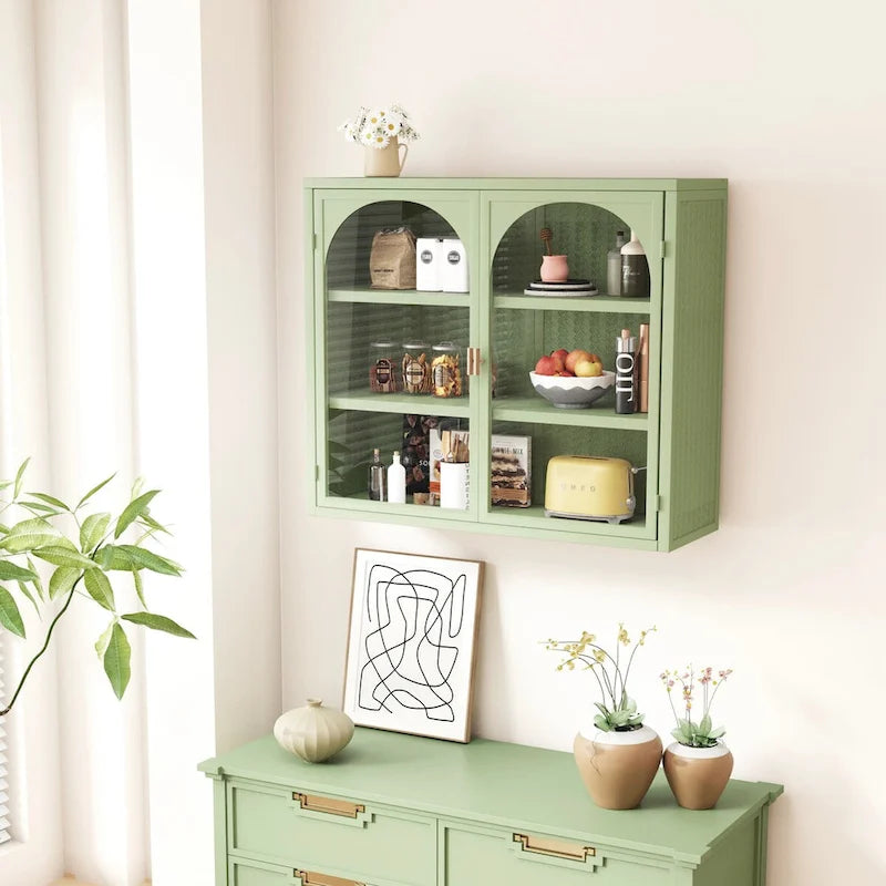 Roomfitters 27.56 Modern Glass Door Wall Cabinet with Three-Tier Storage for Entryway, Living Room, Bathroom