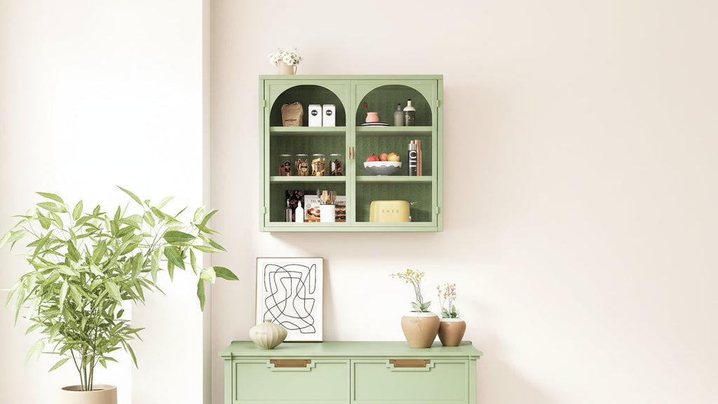 Glass Door Wall Cabinet with 3-Tier Storage - Green, 27.56W x 9.06D x 23.62H