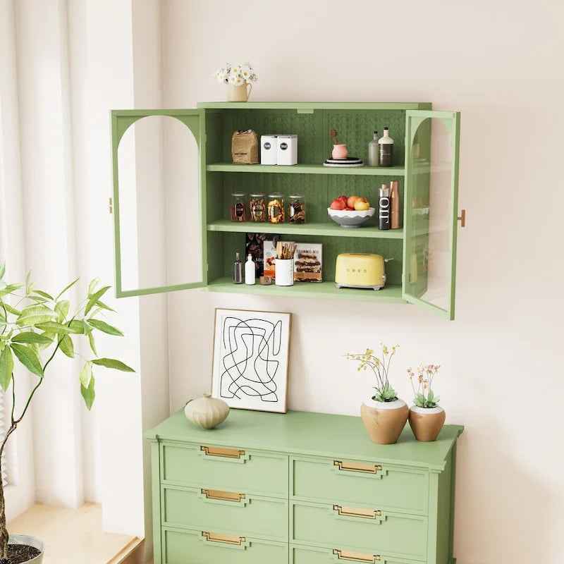 Glass Door Wall Cabinet with 3-Tier Storage - Green, 27.56W x 9.06D x 23.62H