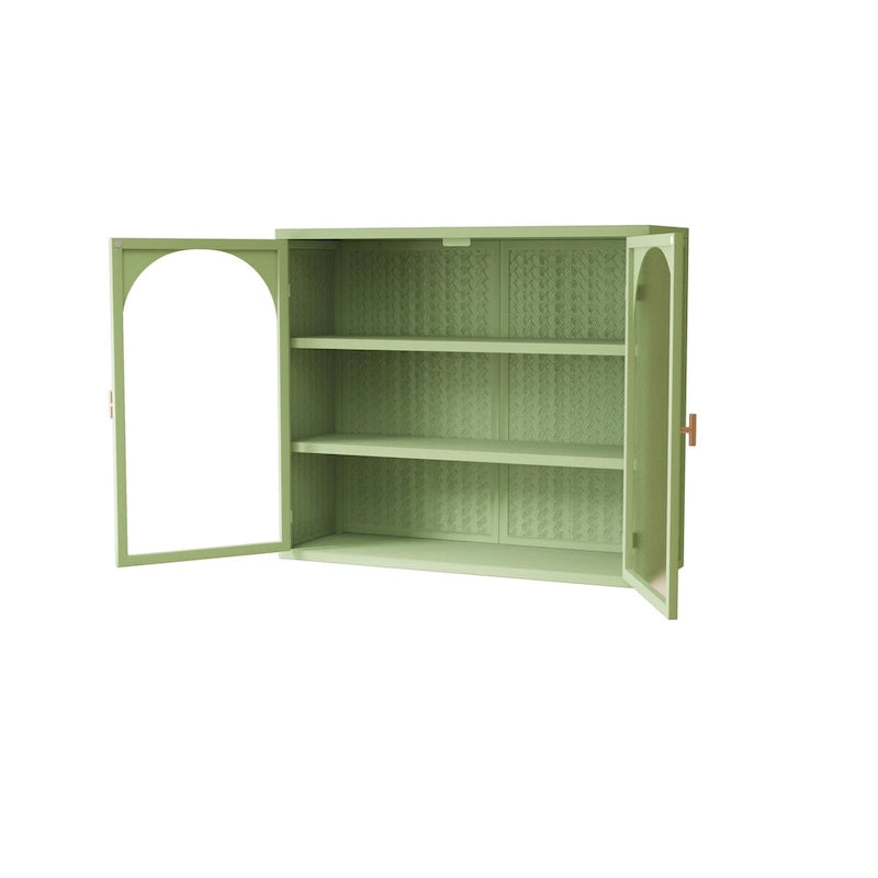 Glass Door Wall Cabinet with 3-Tier Storage - Green, 27.56W x 9.06D x 23.62H